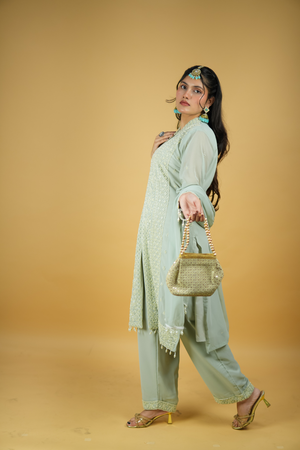 Seher - Sage Green Chikankari Suit with Pearl-Tassel Dupatta