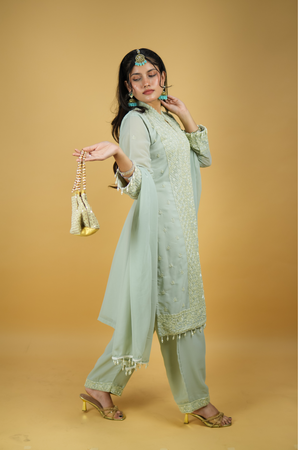 Seher - Sage Green Chikankari Suit with Pearl-Tassel Dupatta