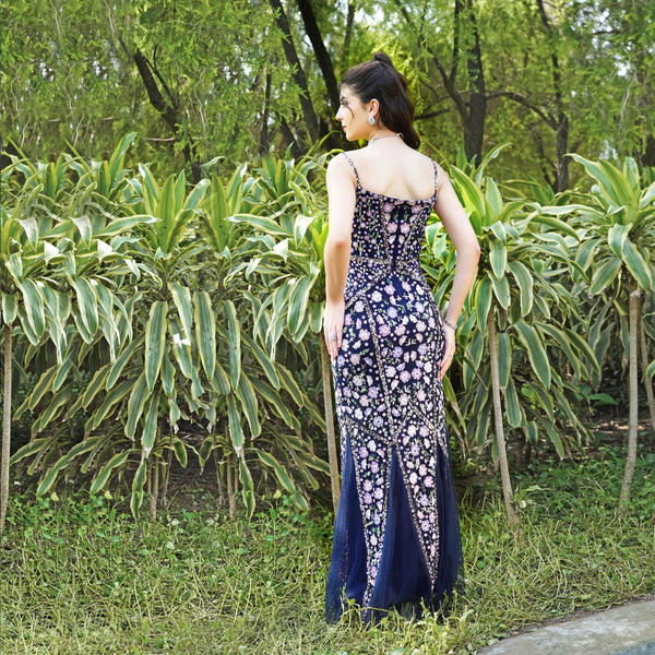 Floral Elegance Navy Blue Long Dress