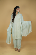 Seher - Sage Green Chikankari Suit with Pearl-Tassel Dupatta