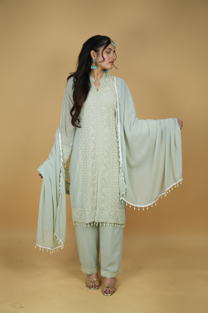 Seher - Sage Green Chikankari Suit with Pearl-Tassel Dupatta