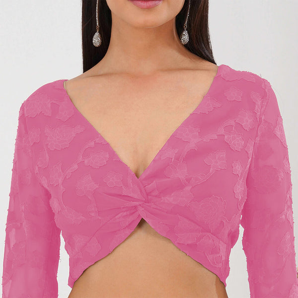 Burnout Mesh Twist Front Crop Top (Pink)