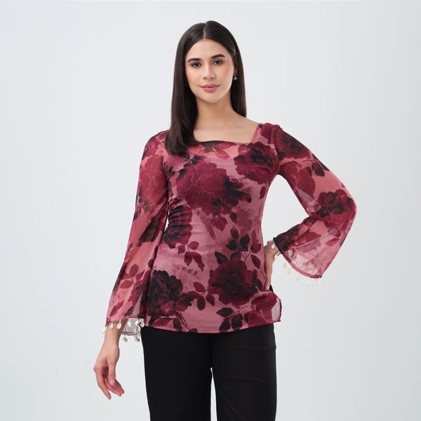 Burgundy floral Short Kurti