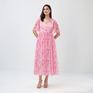 Floral Mesh Maxi Dress (Pink)