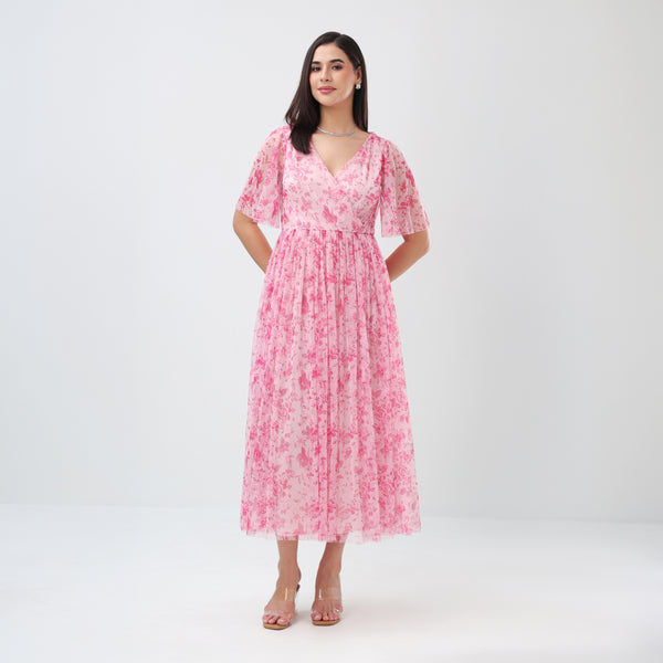 Floral Mesh Maxi Dress (Pink)