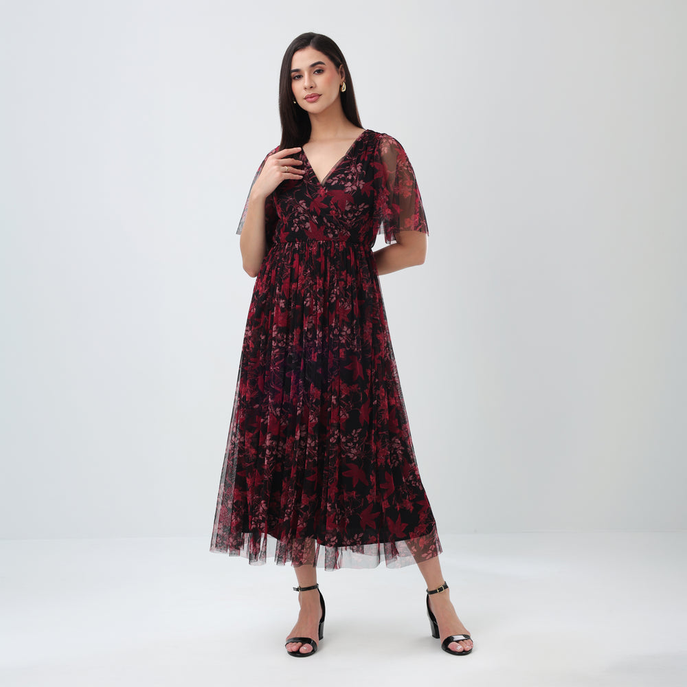 Burgundy Floral Mesh Maxi Dress