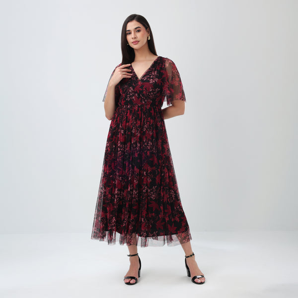 Burgundy Floral Mesh Maxi Dress