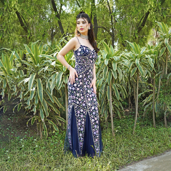 Floral Elegance Navy Blue Long Dress