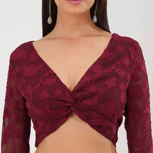 Burnout Mesh Twist Front Crop Top (Burgundy)