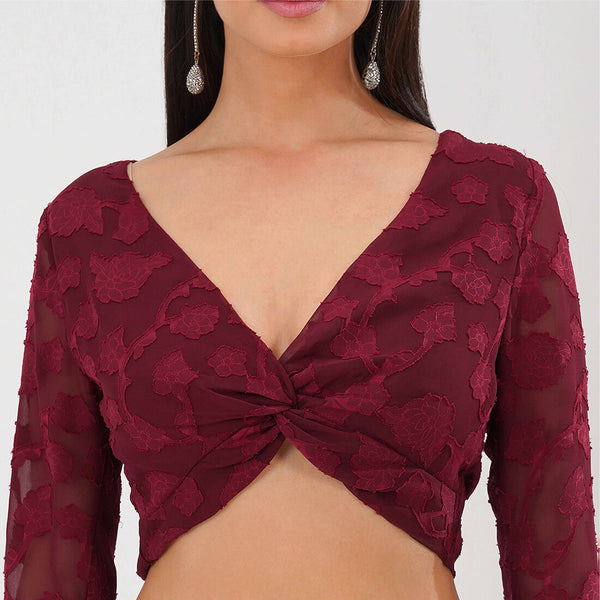 Burnout Mesh Twist Front Crop Top (Burgundy)