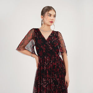 Burgundy Floral Mesh Maxi Dress