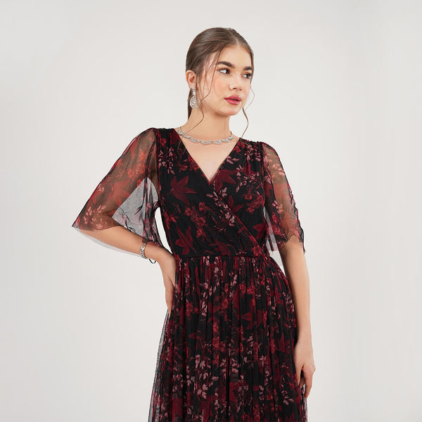 Burgundy Floral Mesh Maxi Dress