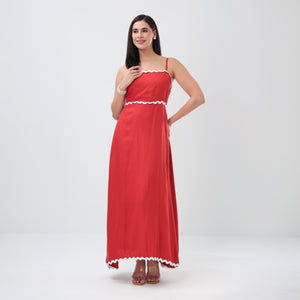 Wave Trim Spaghetti Maxi Dress (Red)