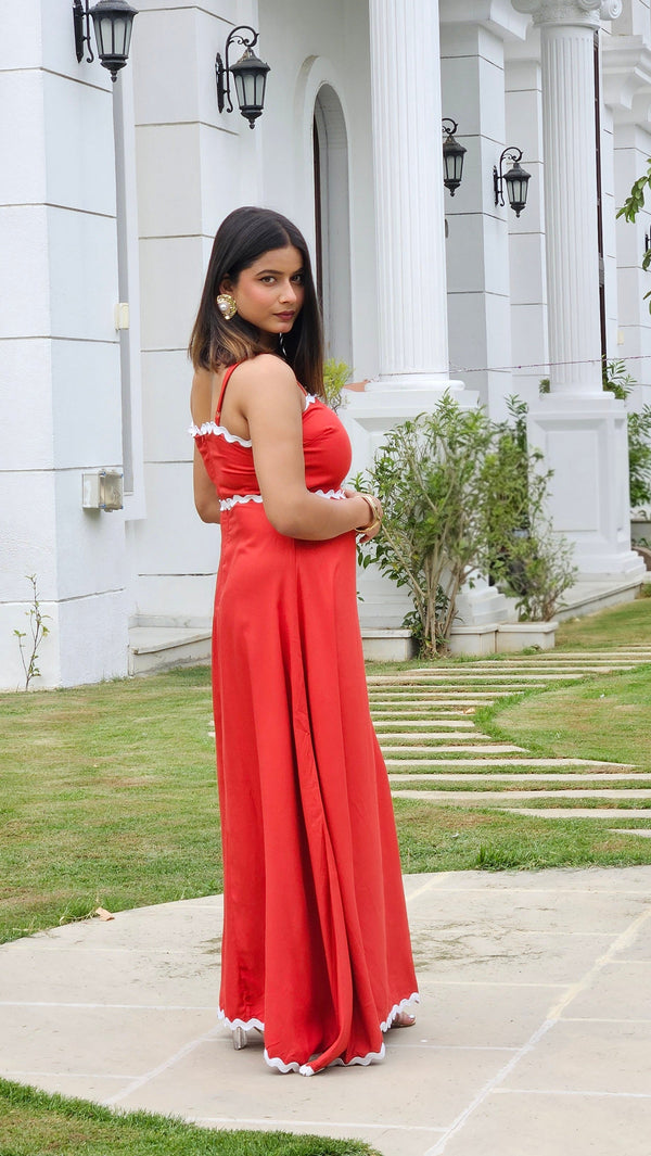 Wave Trim Spaghetti Maxi Dress (Red)