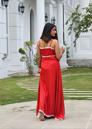Wave Trim Spaghetti Maxi Dress (Red)