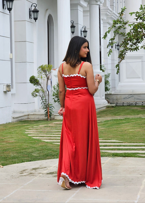 Wave Trim Spaghetti Maxi Dress (Red)