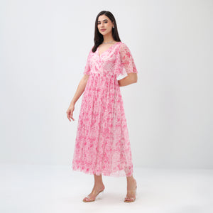 Floral Mesh Maxi Dress (Pink)