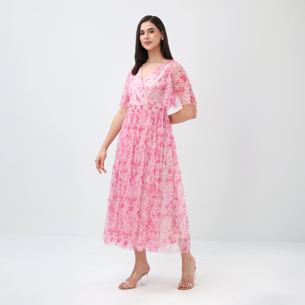 Floral Mesh Maxi Dress (Pink)