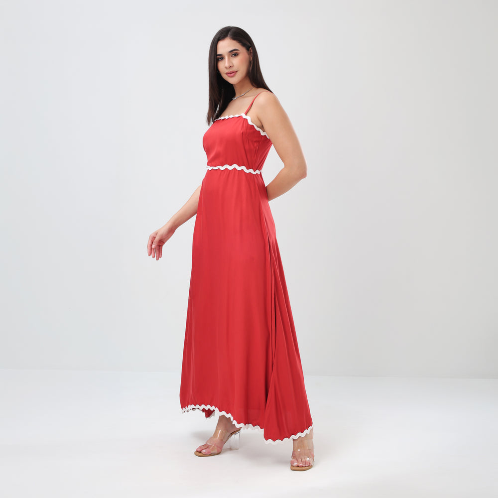 Wave Trim Spaghetti Maxi Dress (Red)