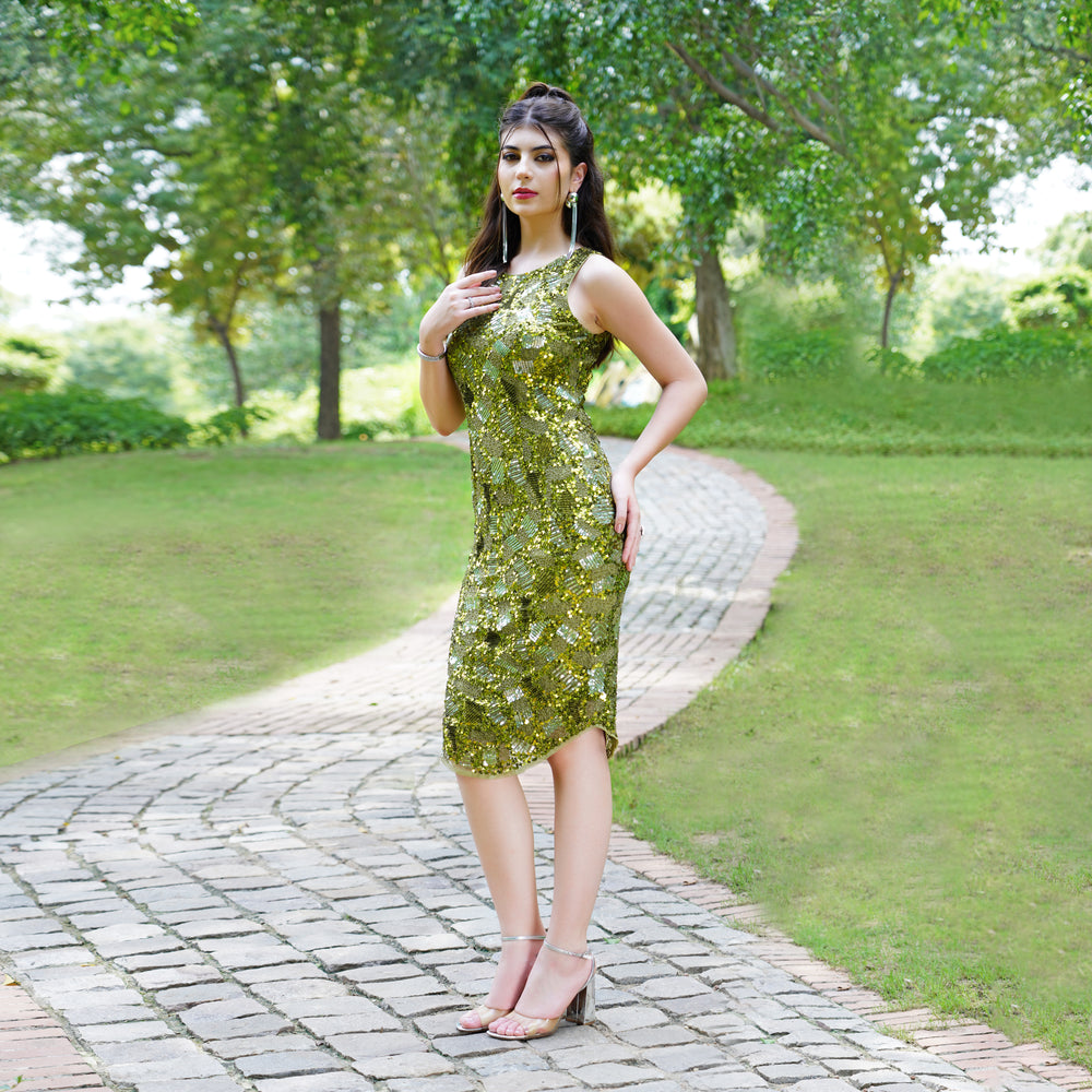 Olive Green Sequin Party Dress