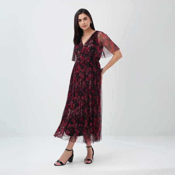Burgundy Floral Mesh Maxi Dress