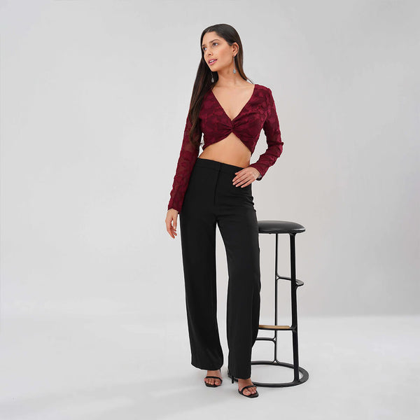 Burnout Mesh Twist Front Crop Top (Burgundy)
