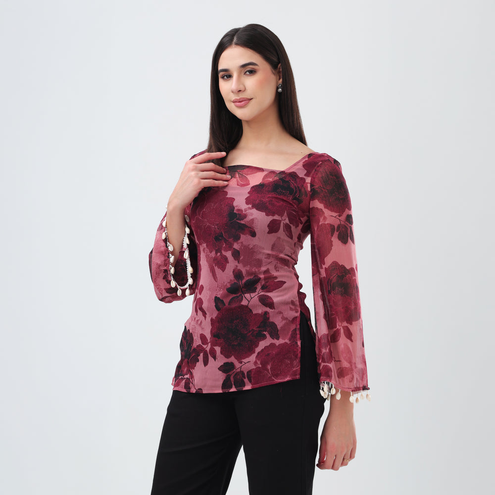 Burgundy floral Short Kurti