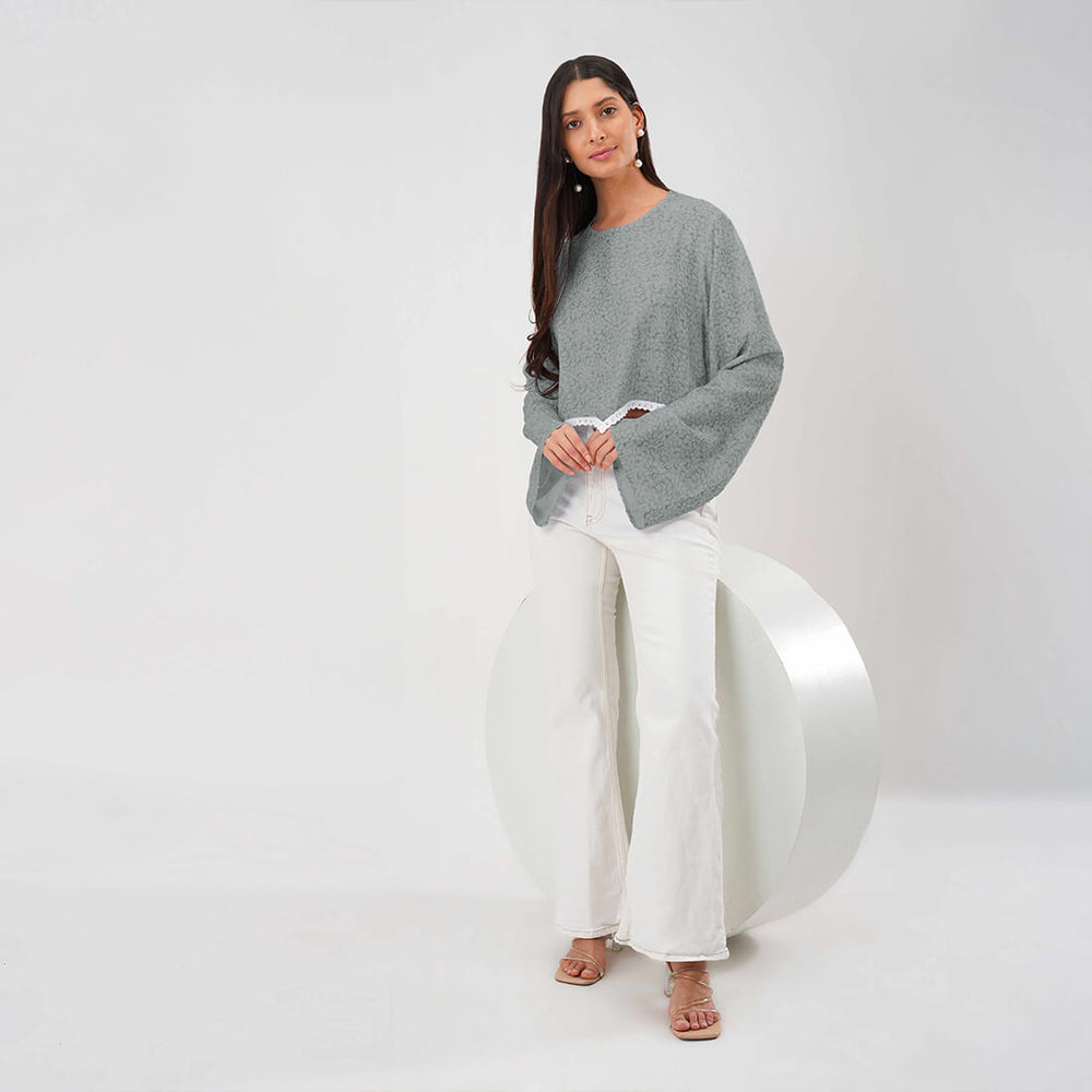 Bloom Bell Sleeve Crop Top (GREY)