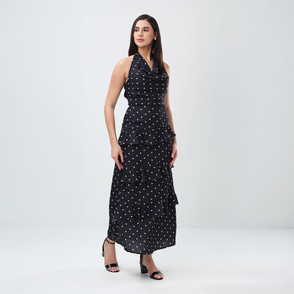 Dotted cowl ruffle Dress