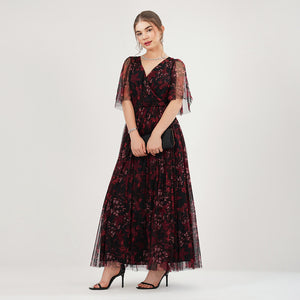 Burgundy Floral Mesh Maxi Dress