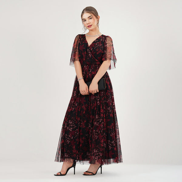 Burgundy Floral Mesh Maxi Dress