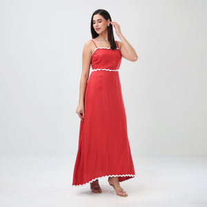 Wave Trim Spaghetti Maxi Dress (Red)
