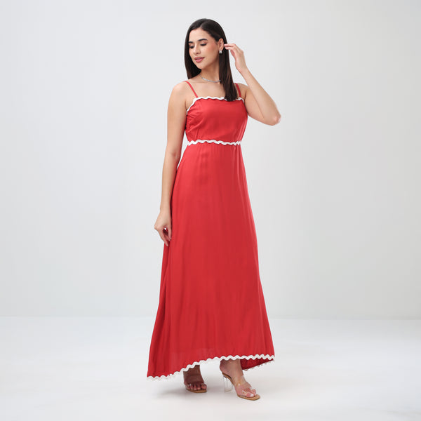 Wave Trim Spaghetti Maxi Dress (Red)