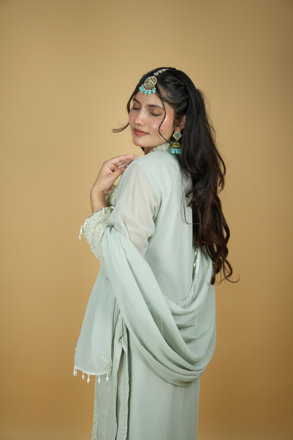 Seher - Sage Green Chikankari Suit with Pearl-Tassel Dupatta