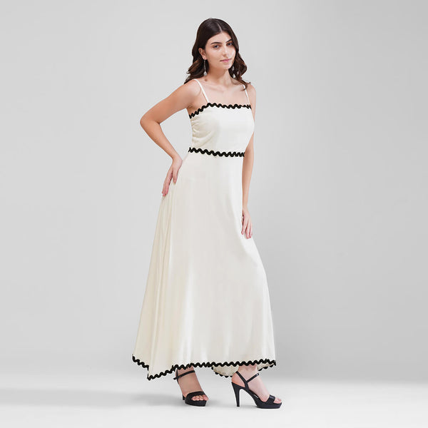 Wave Trim Spaghetti Maxi Dress (White)