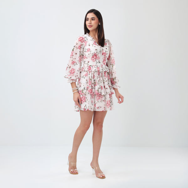 Rosy Bloom ruffle mini Dress