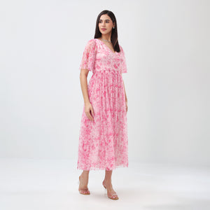 Floral Mesh Maxi Dress (Pink)