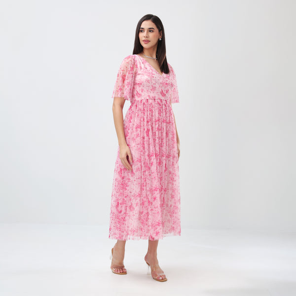 Floral Mesh Maxi Dress (Pink)