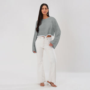 Bloom Bell Sleeve Crop Top (GREY)