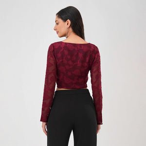Burnout Mesh Twist Front Crop Top (Burgundy)
