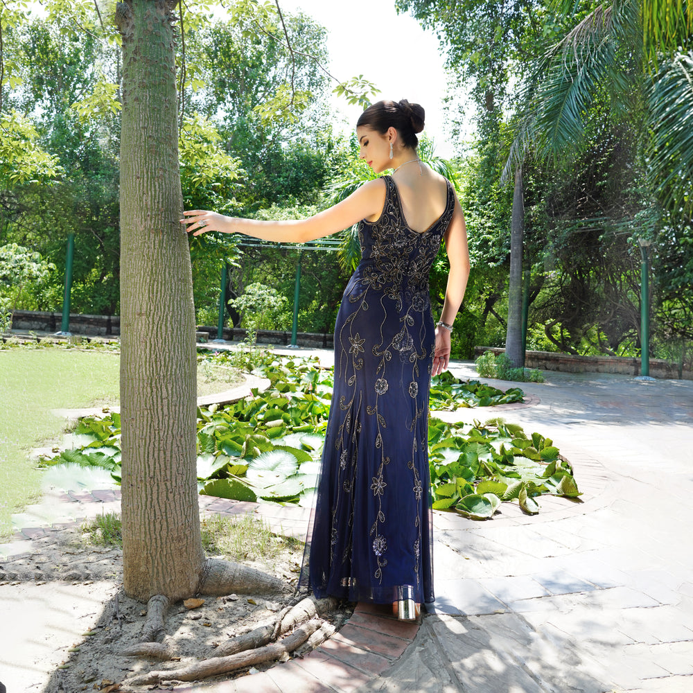 Navy Beaded Floral Handwork Gown