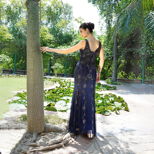 Navy Beaded Floral Handwork Gown
