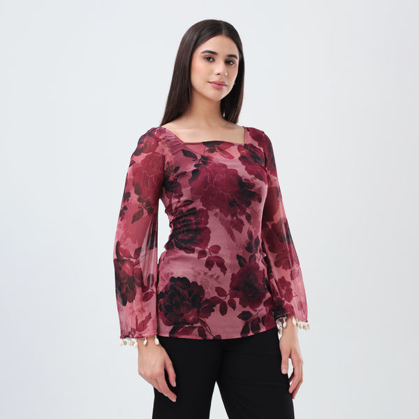 Burgundy floral Short Kurti