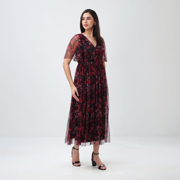 Burgundy Floral Mesh Maxi Dress