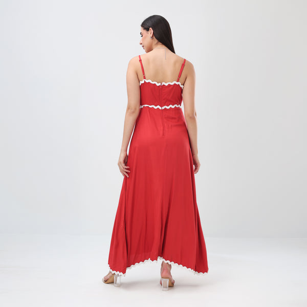Wave Trim Spaghetti Maxi Dress (Red)