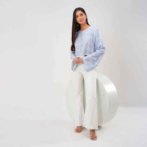 Bloom Bell Sleeve Crop Top (Blue)
