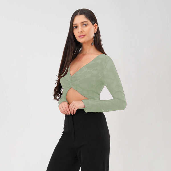 Burnout Mesh Twist Front Crop Top (Green)
