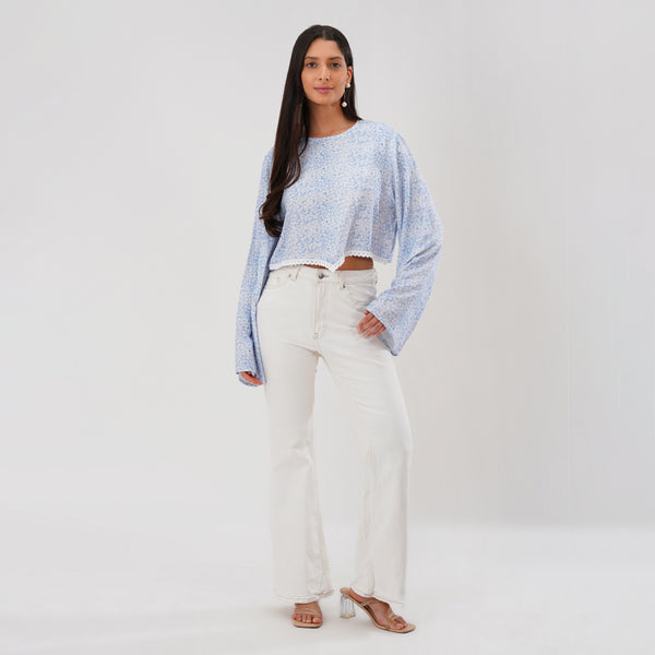Bloom Bell Sleeve Crop Top (Blue)