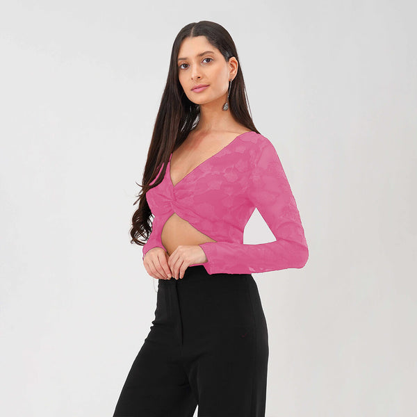 Burnout Mesh Twist Front Crop Top (Pink)