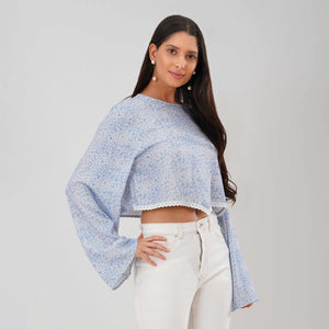 Bloom Bell Sleeve Crop Top (Blue)